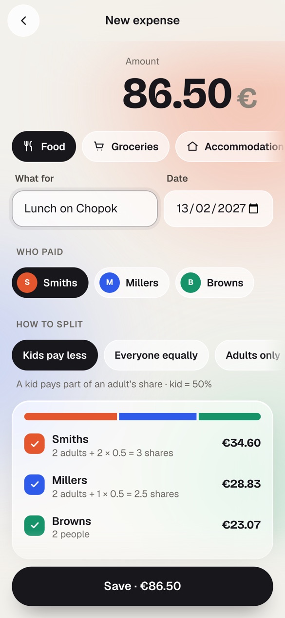 New expense split between families, kids at half